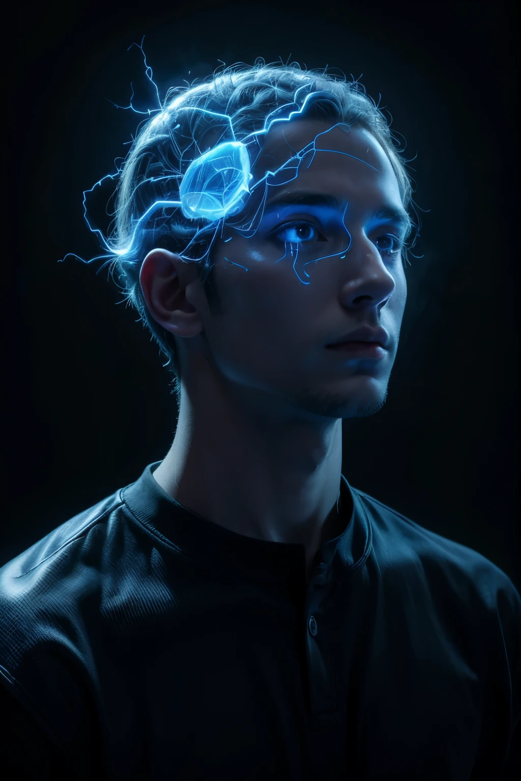 double exposure of man with digital brain on dark blue background. man with joint inside his head conceptual hologram image