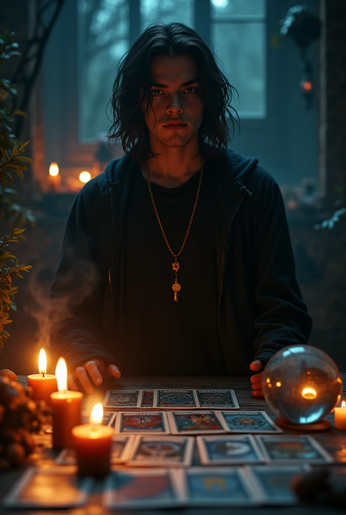 (work of art, high resolution:1.3), (photo of male teenager with long dark hair in dark and mysterious environment:1.2), (Sony Alpha 1 Camera, Known for capturing exceptional detail and low-light performance:1.2), (paired with the Sony FE 24-70mm f/2.8 GM lens for versatile and sharp composition:1.2), ( burning tarot cards, surrounded by fire, an aura of mystery and intrigue:1.1), (his dark clothes and enigmatic expression add to the atmosphere:1.1), (Sony Alpha 1 Camera capturing the intricate textures and subtle shades in the low-light setting:1.2), (uma mesa adornada com burning tarot cards, spread out in a mystical formation:1.1), (flickering candles, casting dancing shadows across the room:1.1), (the low lighting increases the atmosphere of secrecy and mysticism:1.1), (eyes focused on the cards, as if seeking answers from the unknown:1.1), (a crystal ball nearby, adding to the mystical scenery:1.1), (symbols of astrology and esoteric knowledge decorating the room:1.1), (a hint of incense in the air, adding to the sensory experience:1.1), (A moment frozen in time, capturing the intense and introspective atmosphere of divination:1.1), (an image that invites viewers into a world of magic and spiritual insight, leaving them intrigued and curious:1.1), cinematic, 超detailded, insane details, beautifully color-graded, engine unreal, DOF, Super-resolution, Megapixels, cinematic lightning, Anti-aliasing, FKA, THAI, RTX, SSAO, Post-processing, post production, Tone-mapping, CGI, Visual effects, sound effects, Insanely detailed and intricate, Hyper maximalist, hiper-realisitic, Volumetric, fotorrealisitic, ultra photoreal, ultra detali, details Intricate, 8k, super verbose, full color, Volumetric lightning, HDR, realisitic, engine unreal, 16K, sharp focus, octane render INFO Size 1152X1536 Date Oct 7, 2023 Modo SeaArt 2.1 Tipo upscale Checkpoint & it