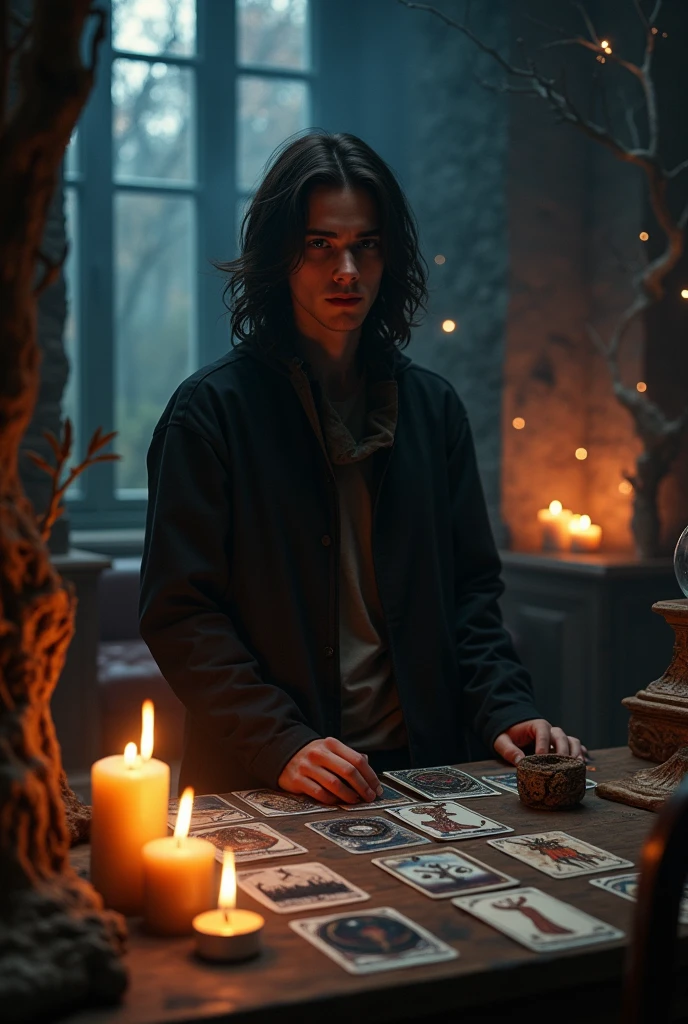 (work of art, high resolution:1.3), (photo of male ager with long dark hair in dark and mysterious environment:1.2), (Sony Alpha 1 Camera, Known for capturing exceptional detail and low-light performance:1.2), (paired with the Sony FE 24-70mm f/2.8 GM lens for versatile and sharp composition:1.2), ( burning tarot cards, surrounded by fire, an aura of mystery and intrigue:1.1), (his dark clothes and enigmatic expression add to the atmosphere:1.1), (Sony Alpha 1 Camera capturing the intricate textures and subtle shades in the low-light setting:1.2), (uma mesa adornada com burning tarot cards, spread out in a mystical formation:1.1), (flickering candles, casting dancing shadows across the room:1.1), (the low lighting increases the atmosphere of secrecy and mysticism:1.1), (eyes focused on the cards, as if seeking answers from the unknown:1.1), (a crystal ball nearby, adding to the mystical scenery:1.1), (symbols of astrology and esoteric knowledge decorating the room:1.1), (a hint of incense in the air, adding to the sensory experience:1.1), (A moment frozen in time, capturing the intense and introspective atmosphere of divination:1.1), (an image that invites viewers into a world of magic and spiritual insight, leaving them intrigued and curious:1.1), cinematic, 超detailded, insane details, beautifully color-graded, engine unreal, DOF, Super-resolution, Megapixels, cinematic lightning, Anti-aliasing, FKA, THAI, RTX, SSAO, Post-processing, post production, Tone-mapping, CGI, Visual effects, sound effects, Insanely detailed and intricate, Hyper maximalist, hiper-realisitic, Volumetric, fotorrealisitic, ultra photoreal, ultra detali, details Intricate, 8k, super verbose, full color, Volumetric lightning, HDR, realisitic, engine unreal, 16K, sharp focus, octane render INFO Size 1152X1536 Date Oct 7, 2023 Modo SeaArt 2.1 Tipo upscale Checkpoint & it