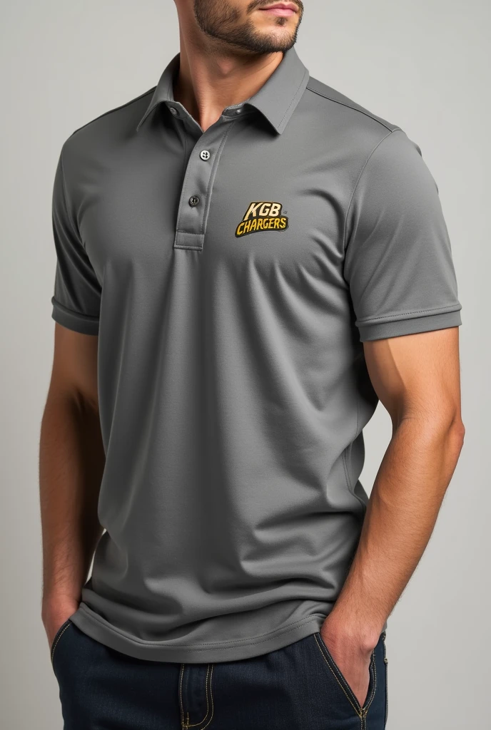 polo shirt in gray with the small KGB Chargers logo written on the left chest