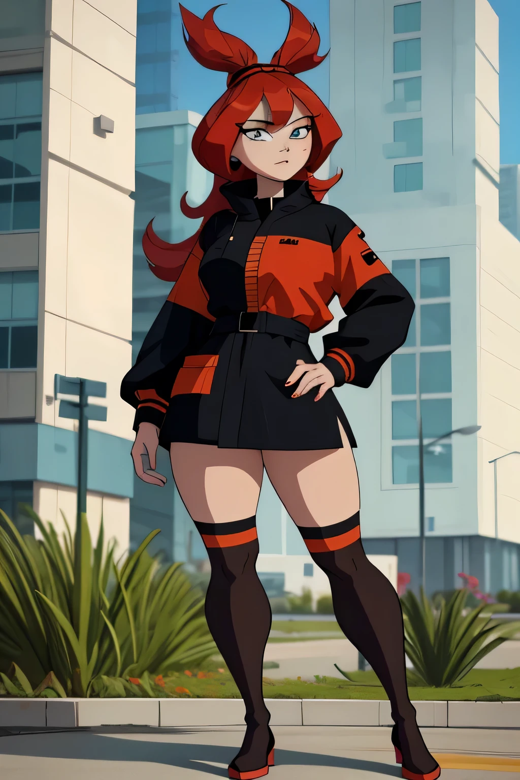 anime style, A highly detailed and realistic 3D model of a young woman standing confidently in front of an orange wall. She has red hair styled in two ponytails and blue eyes.. She wears a red jacket over a black dress., black gloves, and white socks up to the thighs. She has a pair of sunglasses resting on her head.. The model should include subtle movements in her hair and the fabric of her jacket., As if a gentle breeze were passing by. The scene takes place on a concrete surface with shadows cast on the ground., providing a realistic urban environment. The background should be simple and interior with neutral colors.. The model should be photorealistic and highly detailed., showing the character's elegant and modern look. Make sure the model captures her confident stance and natural proportions., with special attention to the detailed outfit and accessories, full body, model sheet, character design sheet,