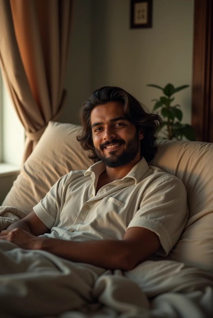 26 year old Indian man, lying in the bed, medium hair, medium beard, loose pajamas, brown hair and eyessmiling, low light coming from window, looking in the camera