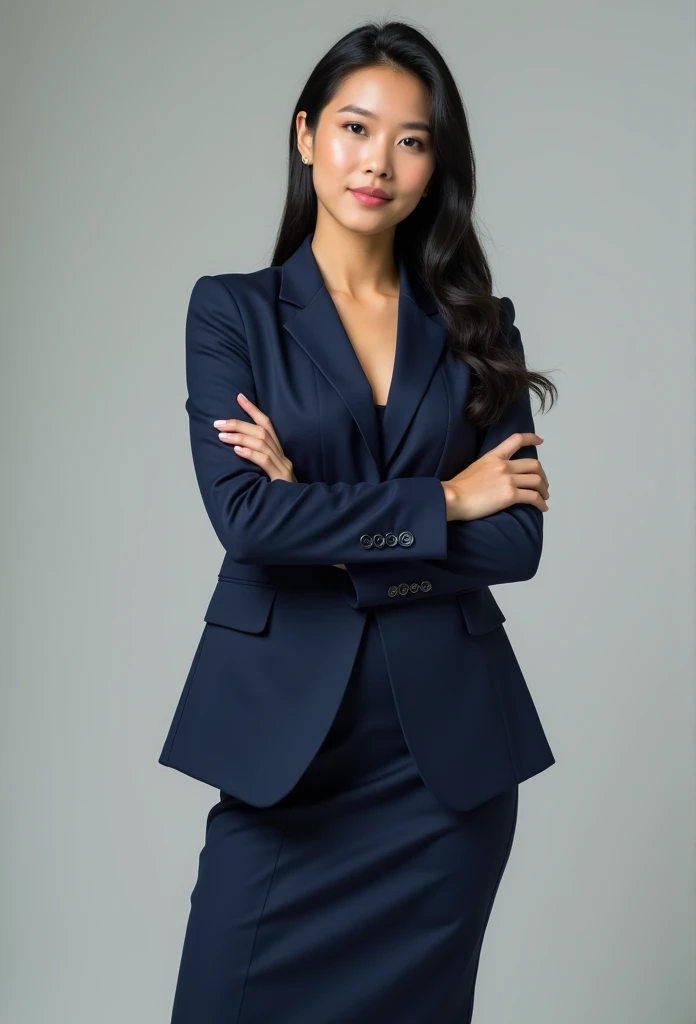 Professional image of a 25-year-old working woman, Wear a navy blue business casual suit and hip wrap skirt, Professional profile photo, posing with crossed arms, professional picture, professional profile picture, photograph of a woman, Business woman, lecturer, Black hair, Slim body, 8K high-definition