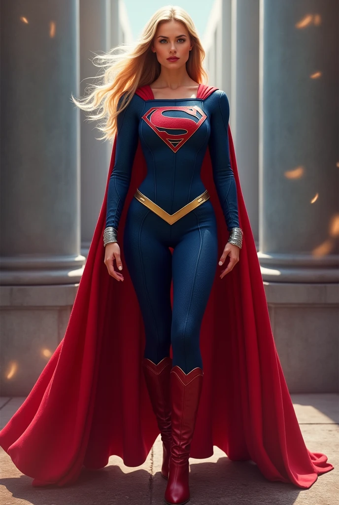 (((Gaia Weiss under the mantle of the Kryptonian Kara Zor-El aka Supergirl long blonde hair Red corset suit and blue leggings with red boots red cape))),(((silver color bracelets)))