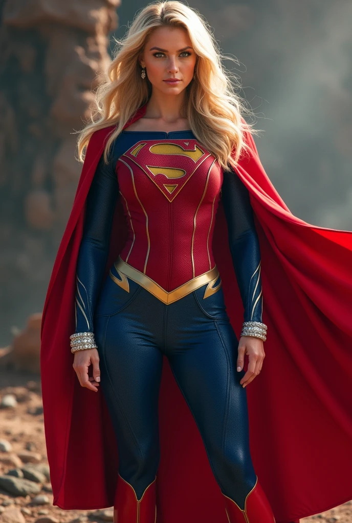 (((Gaia Weiss under the mantle of the Kryptonian Kara Zor-El aka Supergirl long blonde hair Red corset suit and blue leggings with red boots red cape))),(((silver color bracelets)))