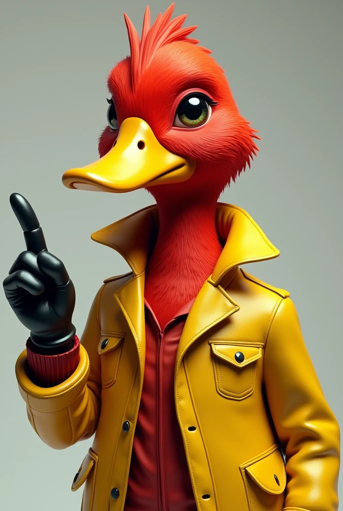 red duck with yellow jacket, high definition image, gloved hand, The eyes