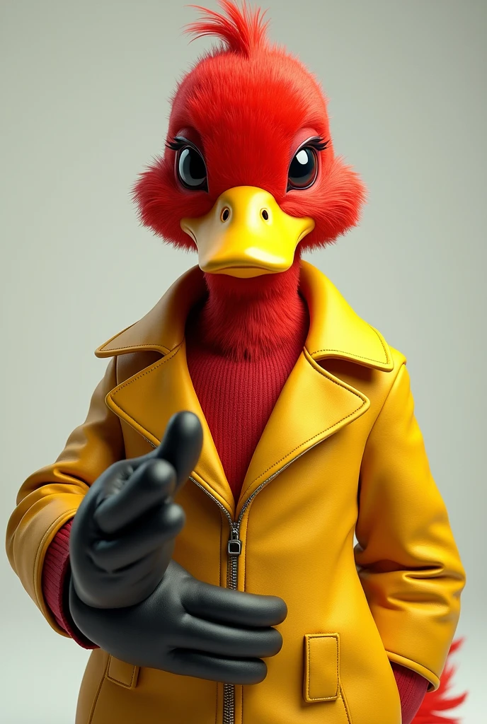 red duck with yellow jacket, high definition image, gloved hand, The eyes