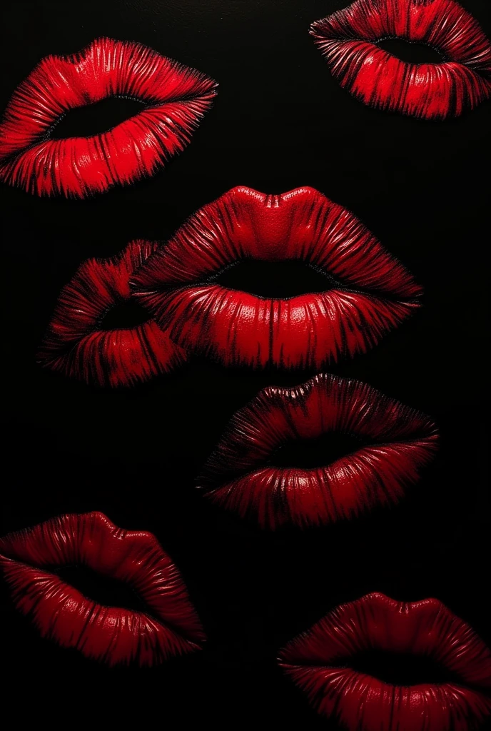 the background is blsck. and there are red lipstick kisses imprints on it. ok less realisric mouths. i want kisses imprint. kiss marks. not mouths. a little denser. differently angled.