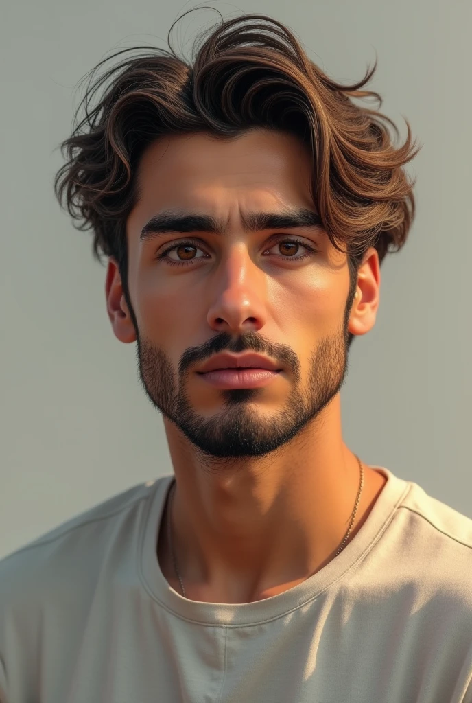 A man in his twenties with a light beard, a simple mustache, and light hair, and of Middle Eastern appearance.