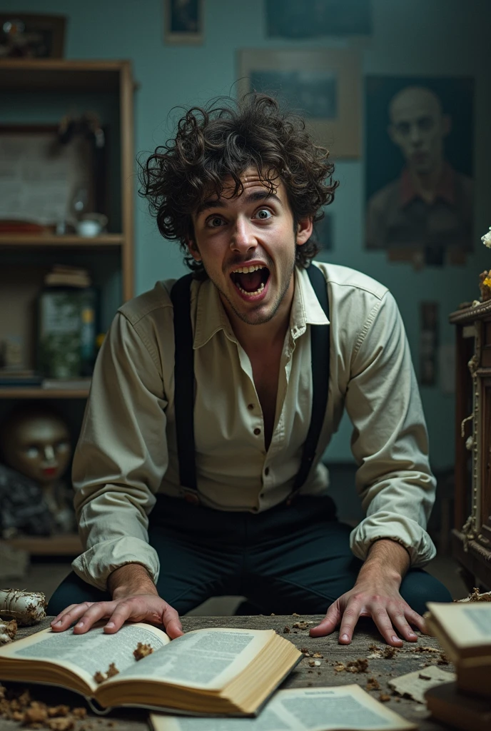 I need an 18-year-old who practices theatre in a crazy and unhealthy way, with scripts stacked up, books everywhere, many theatrical costumes, it shows that the young man is not mentally well
