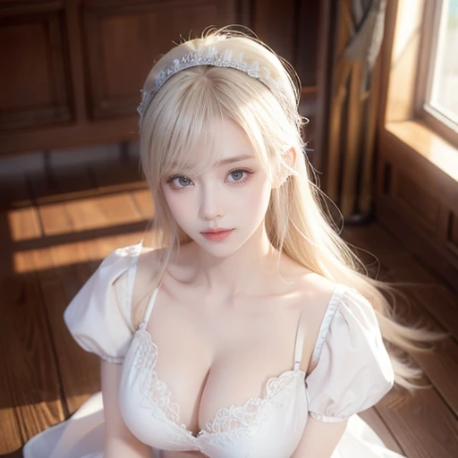 (original character、unity 16k wallpaper, masterpiece, Highest quality, Ultra-detailed, Extremely detailed CG, Caustics, Cinema Lighting, detailed, Beautiful detailed Eyes, alone,Sexy Woman), Ultra-high resolution, Fine skin, (maid, maid apron, maid headdress), (Strong light)、Oily skin,curve:1.2,,Sexy Woman,Little Devil's Face,(Huge breasts:1.2),Platinum Blonde Hair、Put your chest close、From above、Looking up、the distance is close