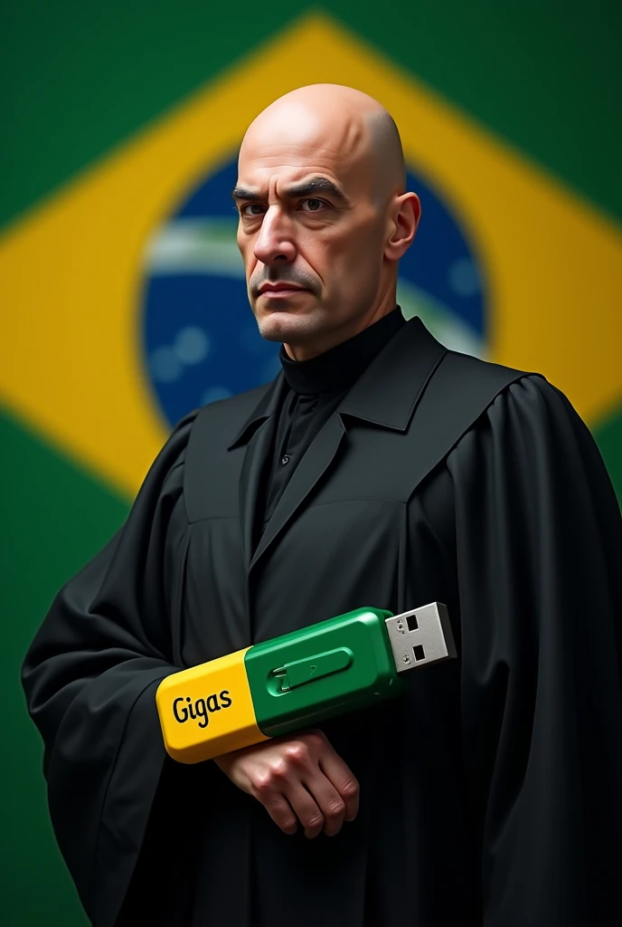 image of Minister Alexandre de Moraes in black robe, egg-shaped head
, Brazil's flag, a large green and yellow pen drive , written 6 Gigas . dictator
