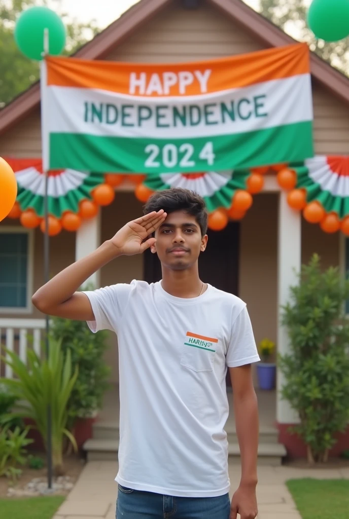 A real 20 year old boy , wearing a white "Harish" T-shirt stands in front of a house decorated with Indian flags and tricolor balloons, saluting for an upcoming Independence Day celebration. The house has a large banner that reads "HAPPY INDEPENDENCE DAY 2024 and make sure text should be correct.