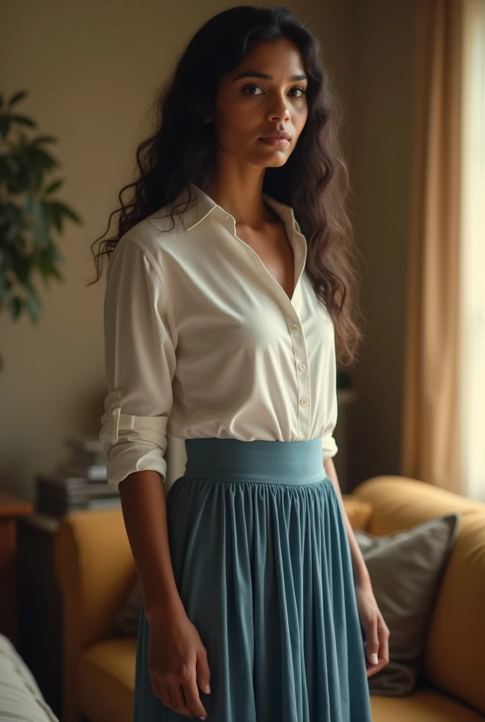 A beautiful hot 20-year-old Sri Lankan girlwas standing in a comfortable room, wearing an earth-colored blue short skirt and a shot white shirt.