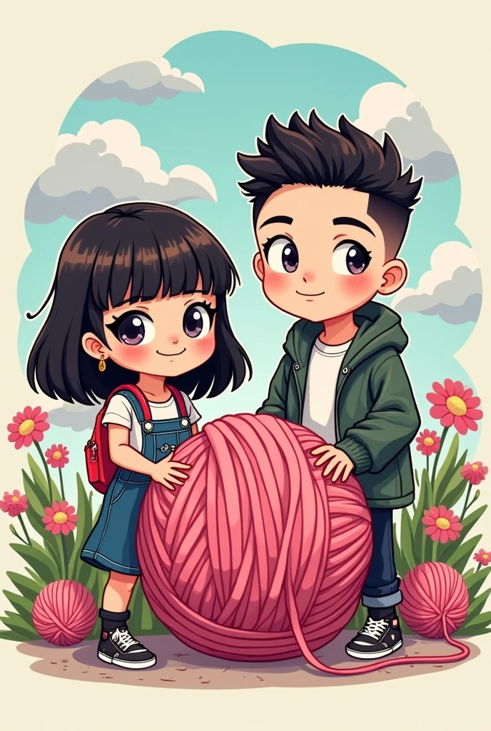 Chibi drawing of a crochet business featuring a chubby black-haired teenage girl with a bridge piercing and a skinny teenager with a low fade hairstyle in anime style, with a giant ball of yarn in the center for a custom logo with a title "crochet makers"

