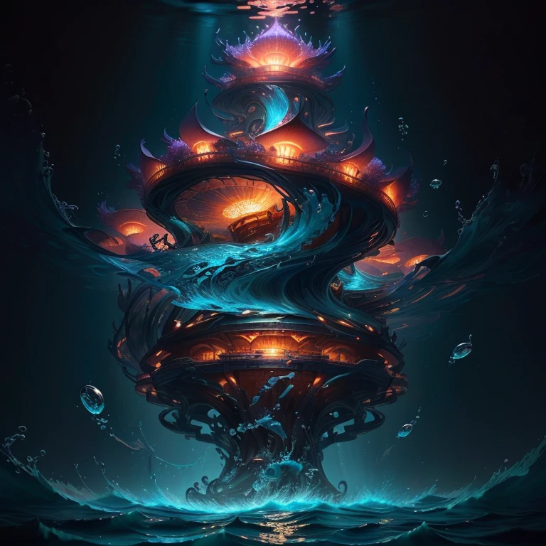 Undersea scene:Deep sea background,It creates an atmosphere of mystery and grandeur。
Mysterious building:Design a building with a unique style,As seen in the spiral structure in the image。
Light Source Settings:Place luminescent bodies inside or around the building,Like lanterns、Flames, etc,Increase the brightness and depth of the image。
Water element application:Utilize water ripple patterns、Elements like bubbles enrich the image details,Emphasize the subject。
Color matching:Using golden yellow as the main color tone,Accented with blue and purple,In sharp contrast。
dynamic effect:Add water flow movement、Dynamic elements such as rising bubbles,Enhance the overall dynamism of the image。