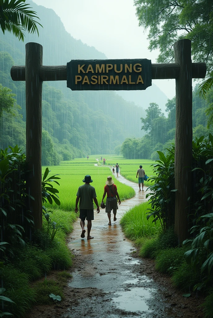 rural atmosphere in Indonesia, it's raining, many farmers are going to the fields, with a gate on the path that says "Kampung Pasirmala"