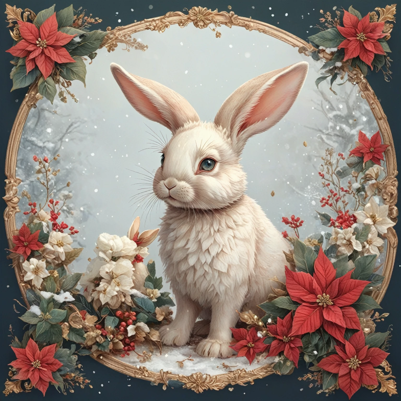 masterpiece、Highest quality、care、delicate、No background、Collage Design、Sticker design、Seal Design、Evenly spaced、Baby rabbit、Her eyes sparkle、Cute Bunny、female、Fantasy、antique、antiqueデザイン、flower、lease、flower束、flower多め、１t１tデザイン大きい、Large margin for design、The designs are far apart、winter、(snow)、poinsettia、Vibrant color scheme、snowの結晶