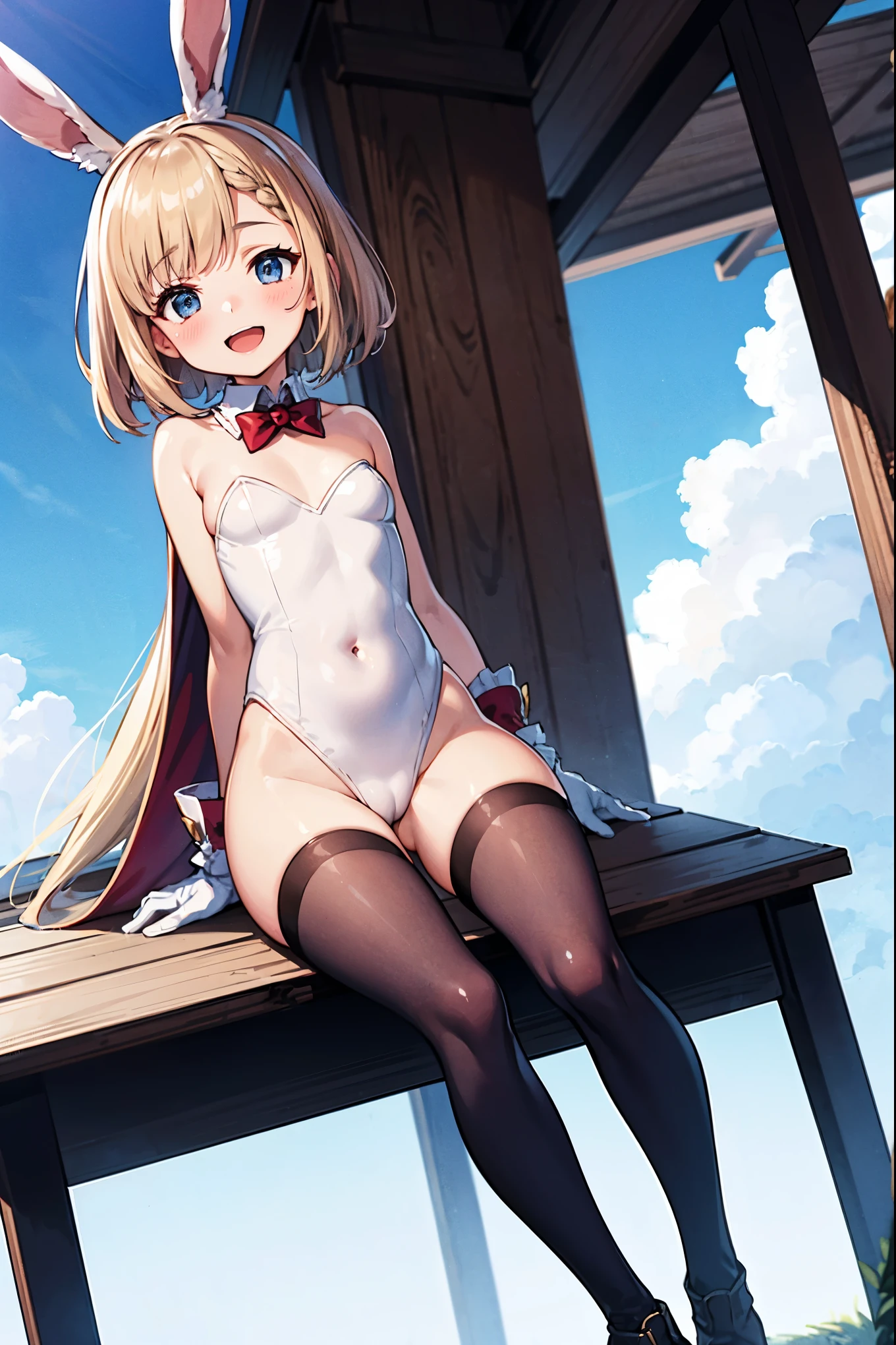 GRANBLUEfantasy,1young_teen_ girl,brown_hair,medium_bob_hair,platina_blond_hair,white_leotard,covered_crotch,thigh-highs,smile,standing,bluesky_landscape_background,slightly_spread_legs,happiness, short_gloves ,solo, r18, navel,relicbuster,short,boots,open_mouth,sitting,knees,blush,shy,bunny_ears