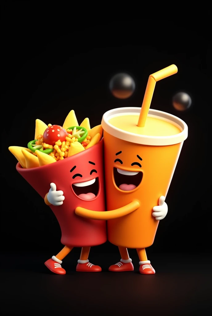 Animated logo of nachos, a Mexican food, smiling and hugging a smiling animated orange drink with the black background