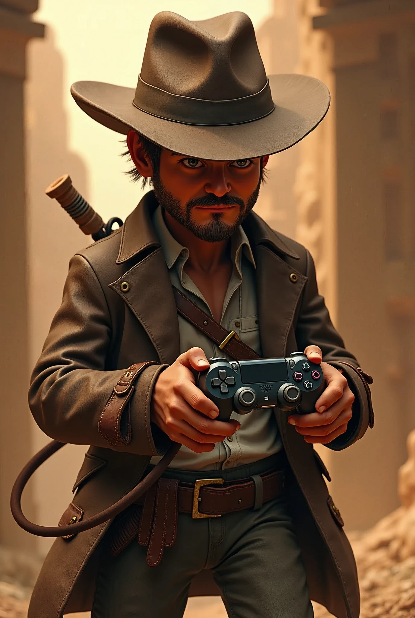 Logo Sulicate dressed as Indiana Jones with a Playstation controller