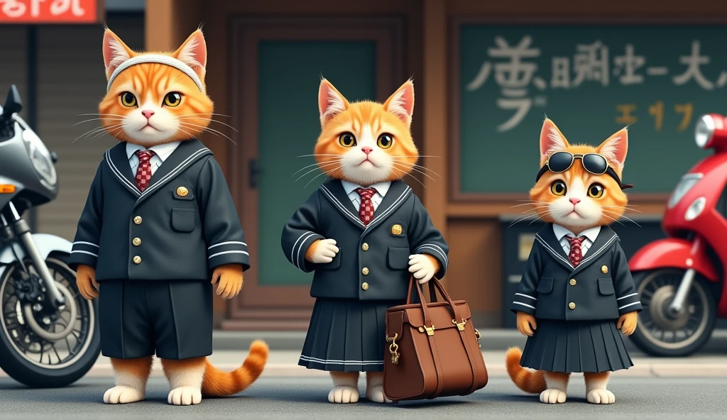 Create a realistic and detailed scene featuring three anthropomorphic cats dressed in traditional Japanese school uniforms. The first cat, wearing a black male student uniform (gakuran) and a white headband with a bold, confident expression, stands next to a motorcycle. The second cat, wearing a female student uniform (sailor fuku), has a thoughtful expression and holds a school bag. The third cat, also wearing a black gakuran with sunglasses and a headband, stands confidently next to a smaller motorcycle. The background includes a retro Japanese store front with handwritten chalkboard signs and motorcycles parked outside. The scene should evoke a nostalgic, slightly rebellious atmosphere, reminiscent of a classic Japanese 'yankee' style from the Showa era.
