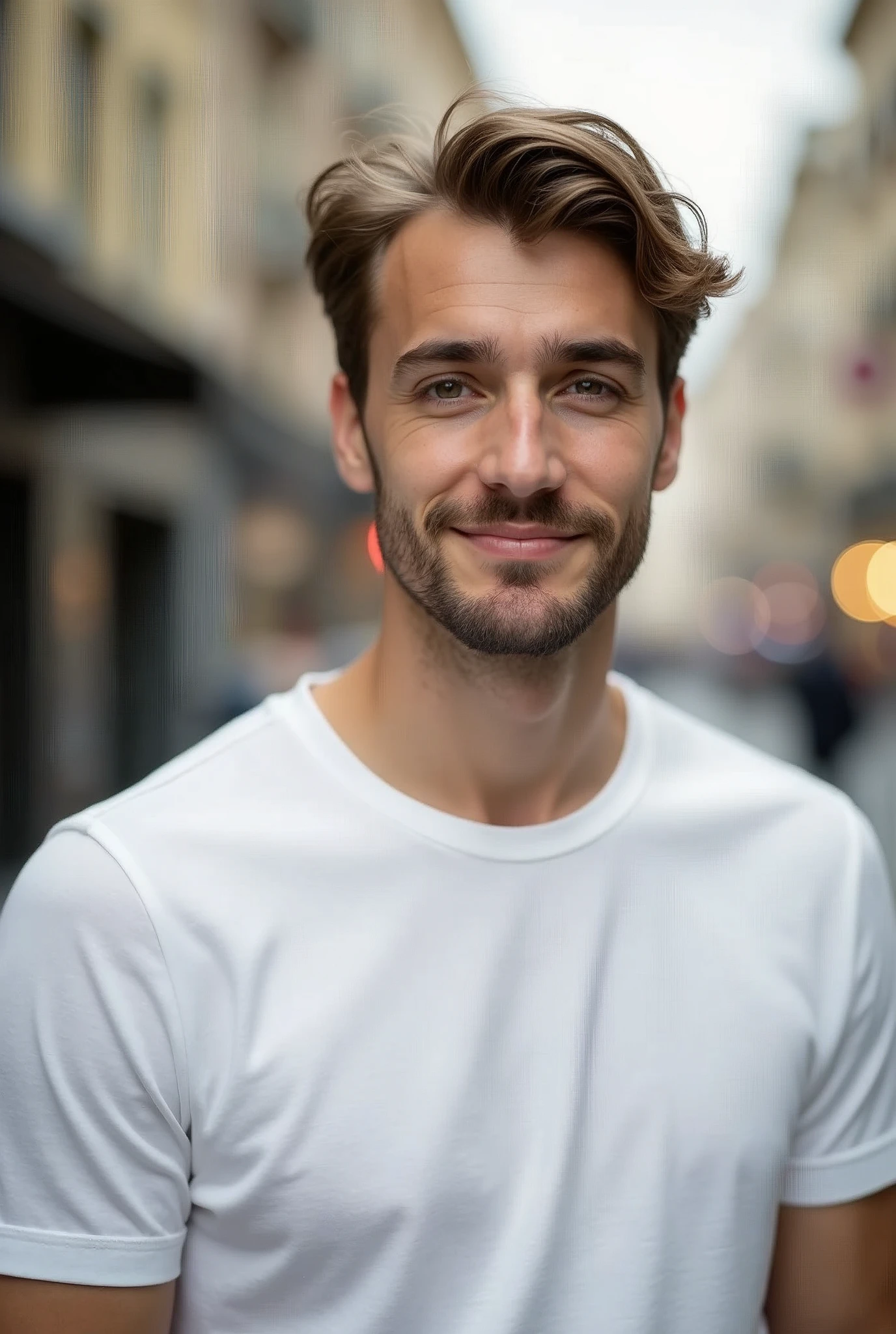 When I said the same, it was the same genre., that is, a 25-year-old European man in a white t-shirt in a city with a blurred background and the young man looking straight at the camera
