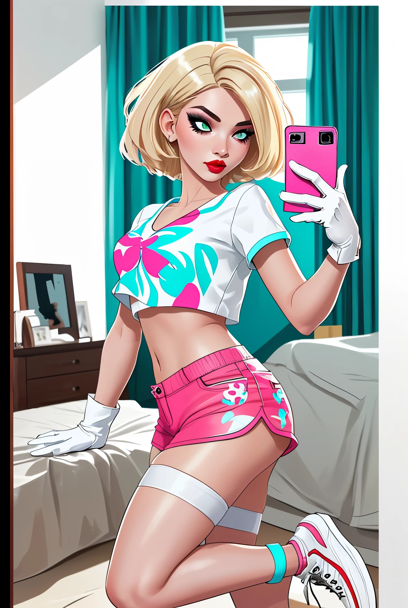 score_9, score_8_up, score_7_up, score_6_up, 1girl, petite, slim body, (huge nipples:0.85), (small breasts:0.65),thick eyebrows, top and side view, blonde, lying in bed, indoor, (sunset:1.1), shadows, (dildo's lying on bed, sex toys:1.05), (high panties:1.1), transparent sexy_panties, looking at viewer, erotic photos on bed, colorful bed, phone, wet_panties