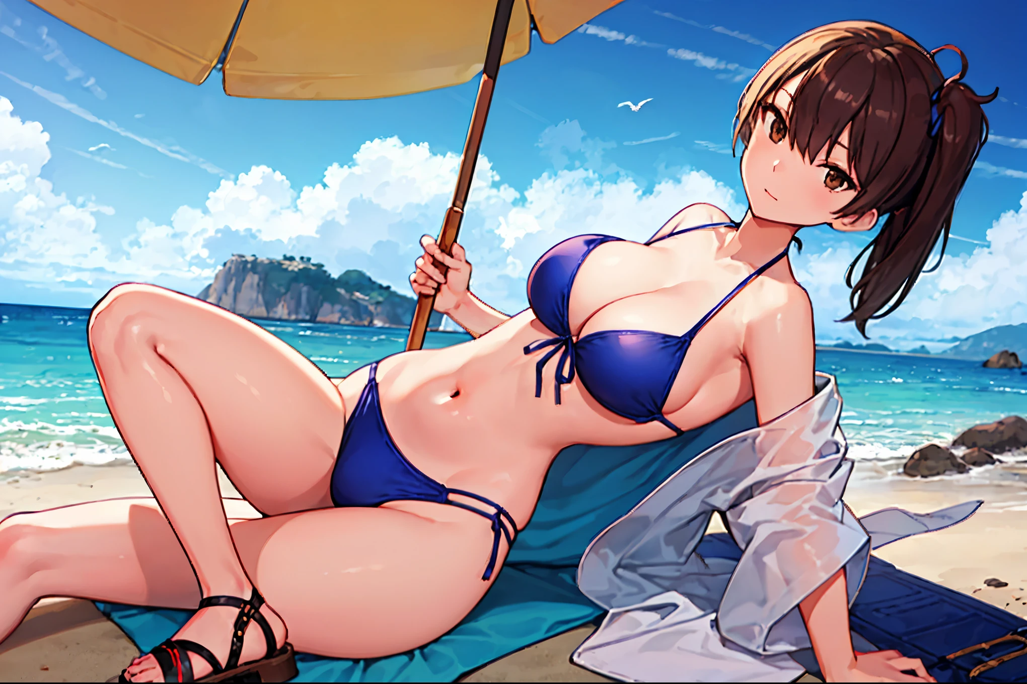 Beautiful illustration、top-quality、Kaga_kantaicollection
brown_hair, Side_Ponytail, brown_Eyes, Short_hair, (big_breasts:1.5) long_hair、Blue Bikini、 coast_landscape,(abs:0.5),navel,solo,(light_smile:0.6),(solo:1.5)。sandals,