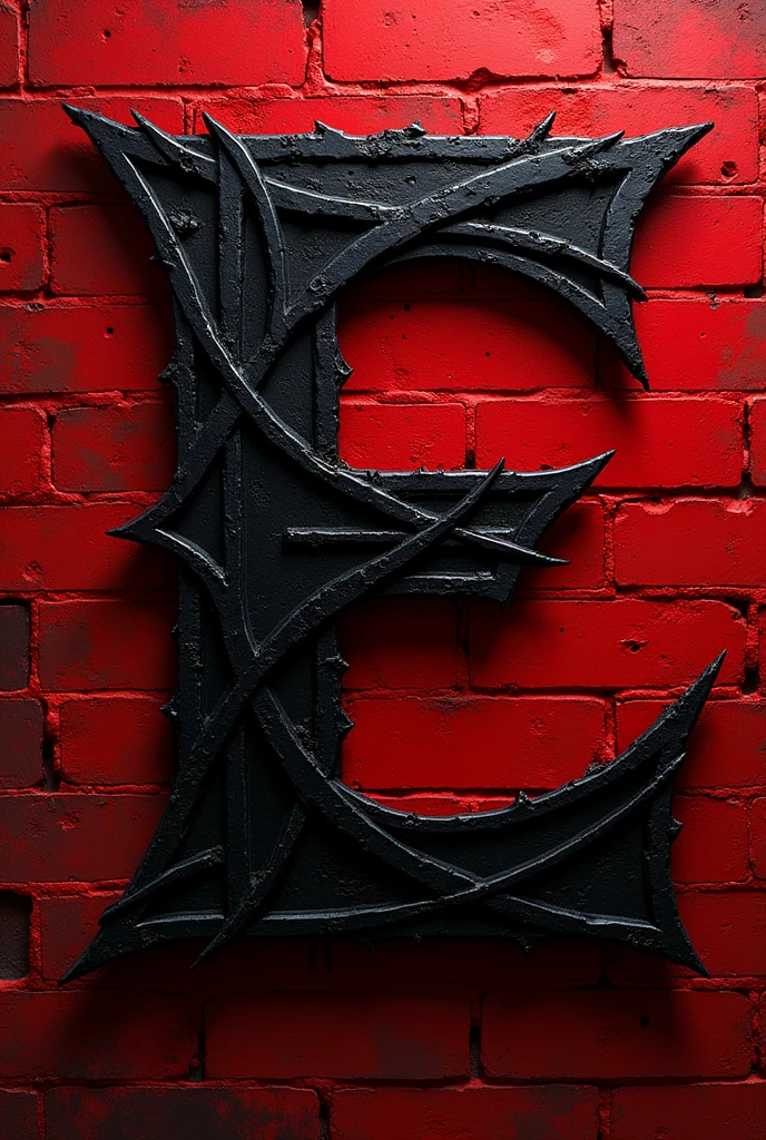Draw the word "ETERNAL" written in an aggressive, distorted font, with pointed, angular letters. The color is an intense black, with a blood red background or a gradient that goes from black to red. The letters have a worn, pecked edge, as if written with permanent marker on a brick wall. The initial E is larger and has a more abstract shape, with lines that intersect and intertwine. The set has an intense and rebellious look, as if it were the logo of a hardcore band.