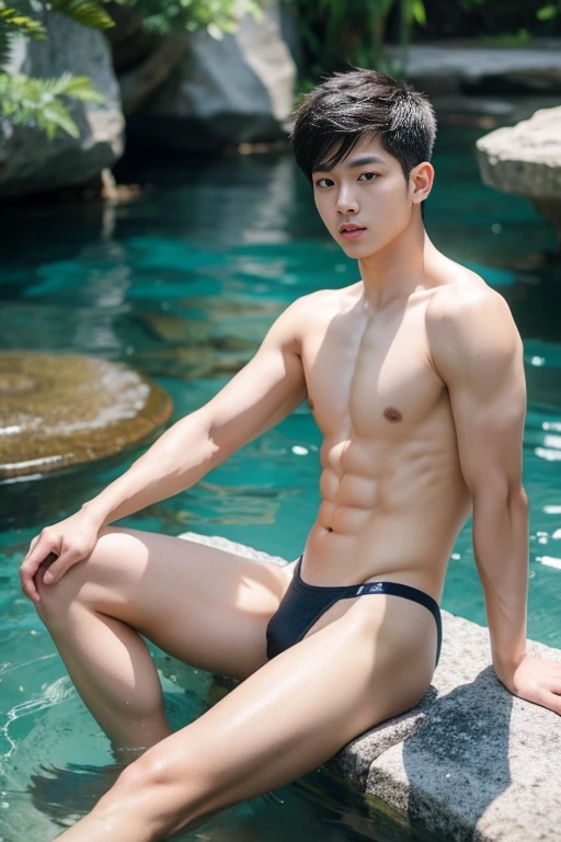 1boy,asian young man, muscular,twink,normal body, in the water ,sexy