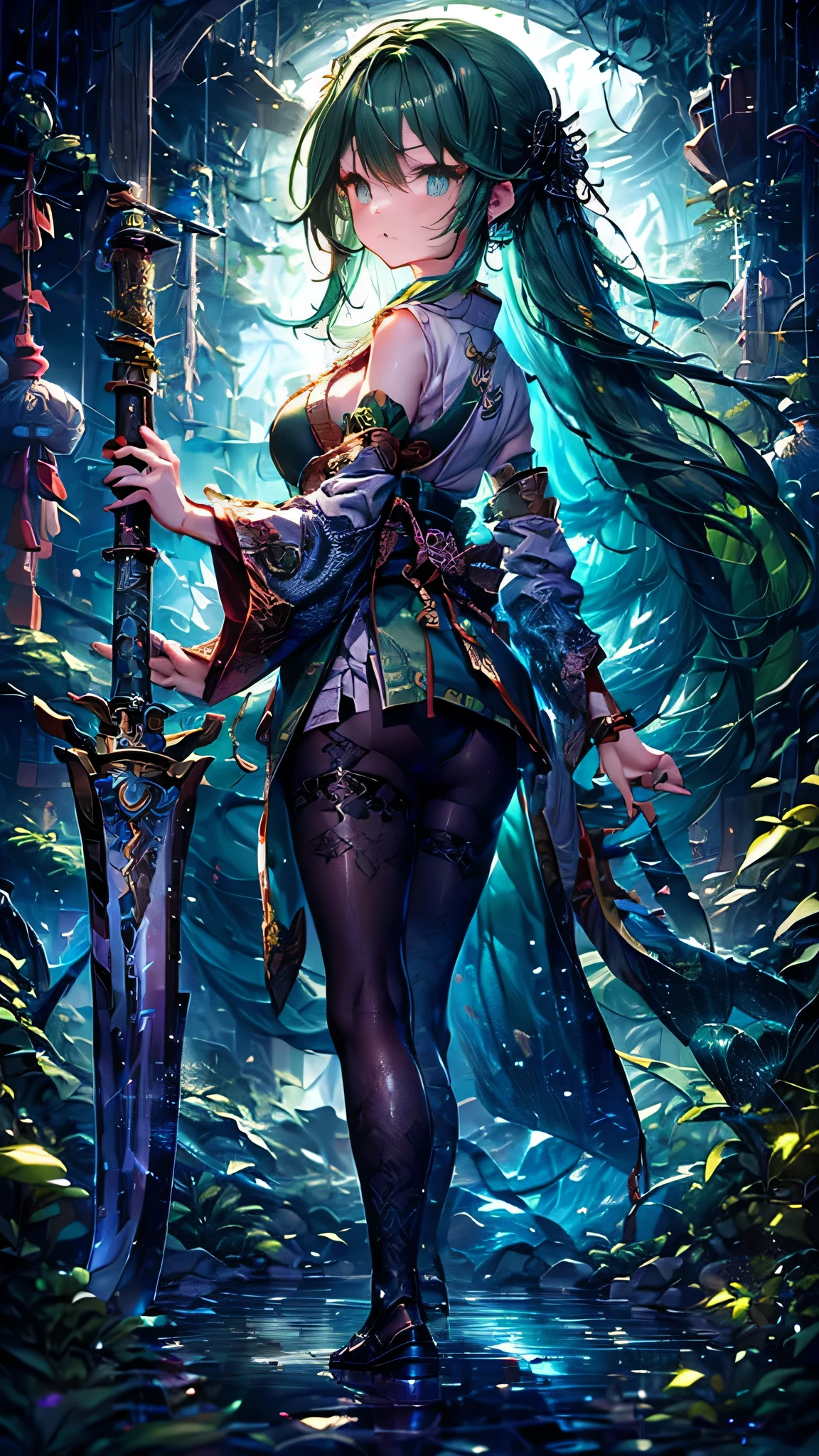 Personification of Yamata no Orochi))) (Beautiful trainee)、snake print tights、(((Japanese Goth))) (Dark green hair)、 Sword Fight