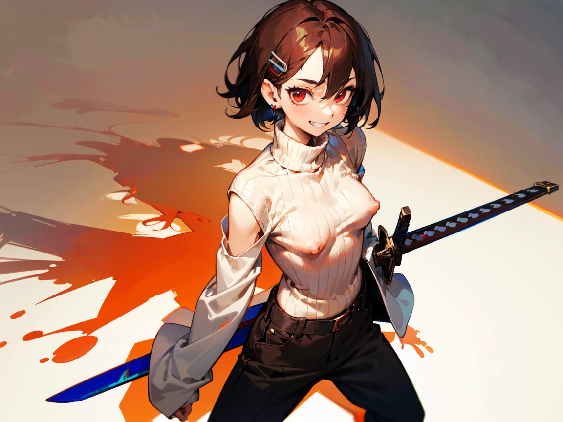 Stance for battle, (Paint splatter on background), (He has a huge sword in his right hand), (masterpiece, Side light, Detailed red eyes: 1.2), ((Highest quality)), ((masterpiece)), (Very detailed:1.3), anime, Young girl, Erect nipples,Small box, Childish body, ((Red turtleneck sweater)), Exposing shoulders, (Long sleeve white open coat), oversized pants, Black trousers, Pale skin, (Shadow Eyes, Dark Eyes), (Grin, Mischievous Smile, Proud), (short〜Medium Hair, Brown Hair, Messy haircut, Hair between the eyes, Hair clip on the left), Earrings, red tat on left hand, scar on left hip, alone, One person,