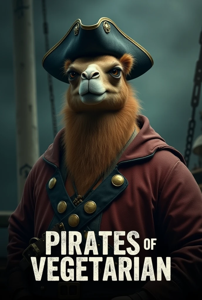 Create a cinematic poster featuring photorealistic portrait of Dressed animals - a ((fat)) camel pirate, , wearing pirate costume and pirate hat , with a serious, intense expression, He should be slightly off-center in the composition, The background should be dark and gritty, pirate's ship with smoky or grunge textures, Use a color scheme of black, deep blues, and dark greens, with subtle silver or gold accents to capture the show's mood, At the bottom of the poster, place the text "PIRATES OF VEGETARIAN" in large, bold, distressed letters, in a sans-serif font. The text should have a cinematic style, with slight shadow or glow effects to make it stand out against the background.