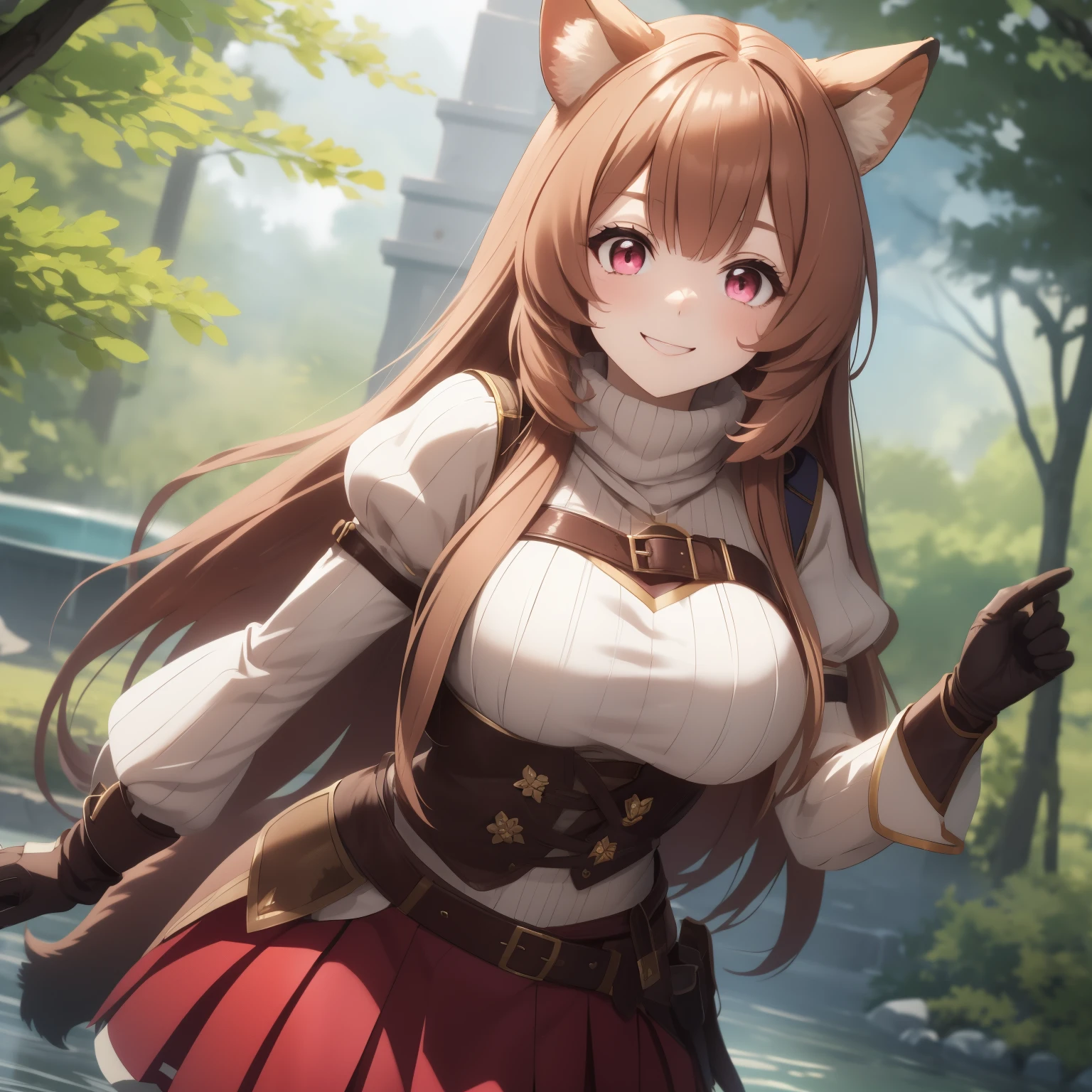 score_9, score_8_above, score_7_above, fountain_cheered up, Raphtalia, Raphtalia, by the wide, hits, Brown hair, animal ears, raccoon ears, raccoon tail, raccoon girl, pink eyes, smile, long sleeves, sweater, ribbed sweater, puffy sleeves, breastplate, Love, red Love, gloveletes, glove, brown gloves, belt, Skirt, armor, outdoor, forest, nature, looking at the viewer, cowboy shot, dutch angle, dynamic pose, big breasts.