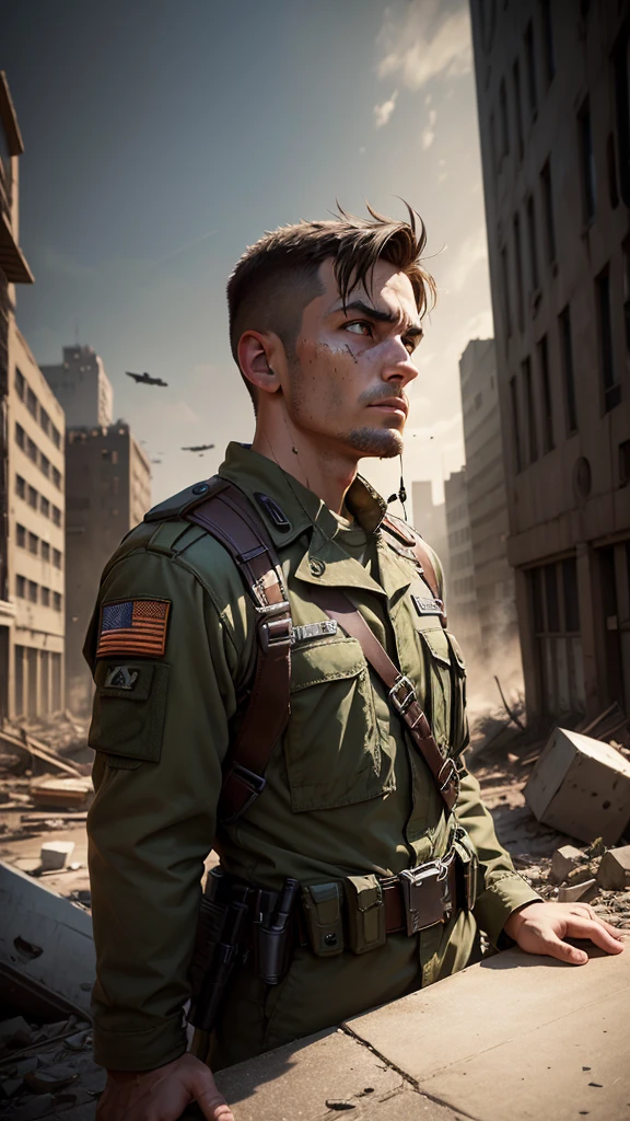 soldier, staring overhead, terrifed, background of a city, Raby, wreckage, war scene, PS2.