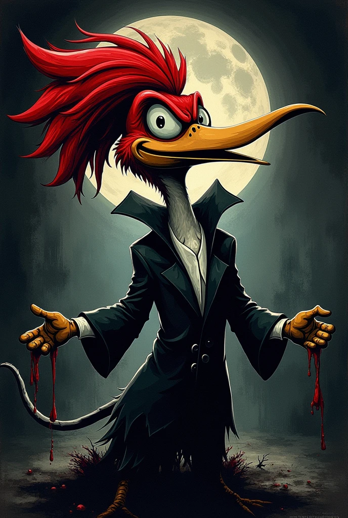 Create a t-shirt with a print of Woody Woodpecker, pulling it towards a darker, gothic style with the exact phrase "SPA 25 YEARS, even crazier"