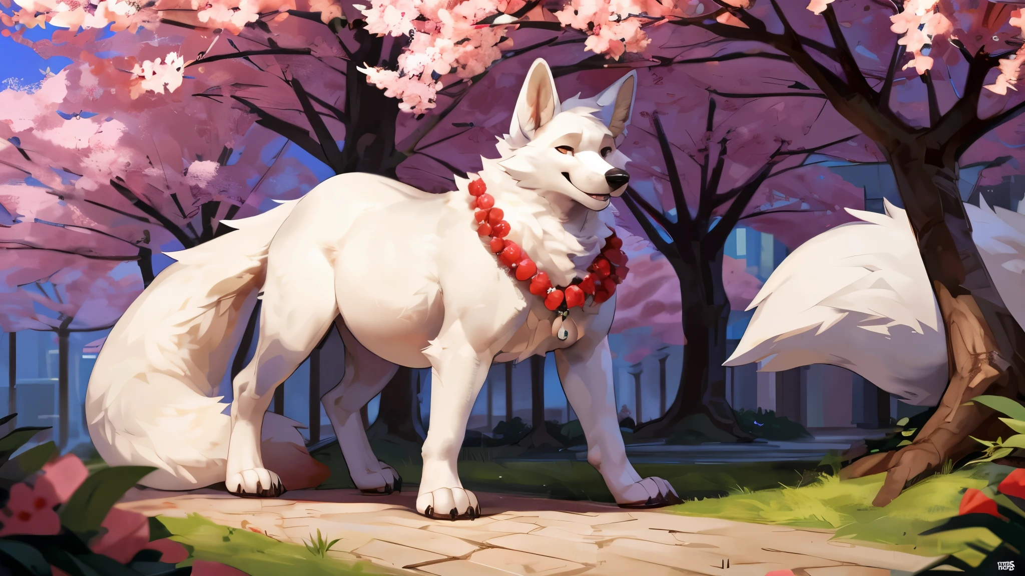 4k ultra quality, 4k full body view,(ultra high detailed body),((feral)) fox,by mystikfox61, by glitter trap boy,feral paws, by bebebebebe,by morethreedee, by seibear,sharp nails,((sfw)),(ultra detailed face),detailed eyes,big tail,fluffy tail,(detailed tail),enomorous tail,bigger tail,huge tail,volumetric light,fluffy paws,(feral focus), beast,(bigger lower body),(long legs),master works, super fine, 4k resolution, high quality,high picture detail,illusory engine, Masterpiece,dire fox,faint lighting,(white fur),((long legs)),( fox),white belly fur,enomorous belly, huge belly, (round belly),(macro),among sakura, crowds,wearing flower necklace,front view