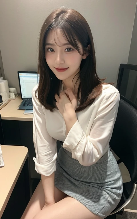 Tabletop, Highest quality, shape, Very detailed, finely, High resolution, 8k wallpaper, 完璧なダイナミックな構shape, Symmetrical eyes、finelyて美しい目,Beautiful Secretary、officeカジュアルのファッション,Bob Hair, Medium sized breasts、Center of chest, Natural color lip, Random sexy poses,smile,25 year old girl Huge 、office、mini skirt、Beautiful thighs、Sitting on a chair、Take a look here.。