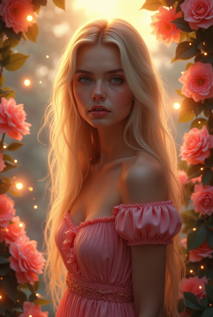 generate book cover: young attractive blonde woman, dark red dress, background with flowers and lights. ultra realistic skin, realistic blonde hair, beautiful, perfect, 4k, detailed, lights effect, cinema, great lighting, photography, great quality. flowers around. long hair.