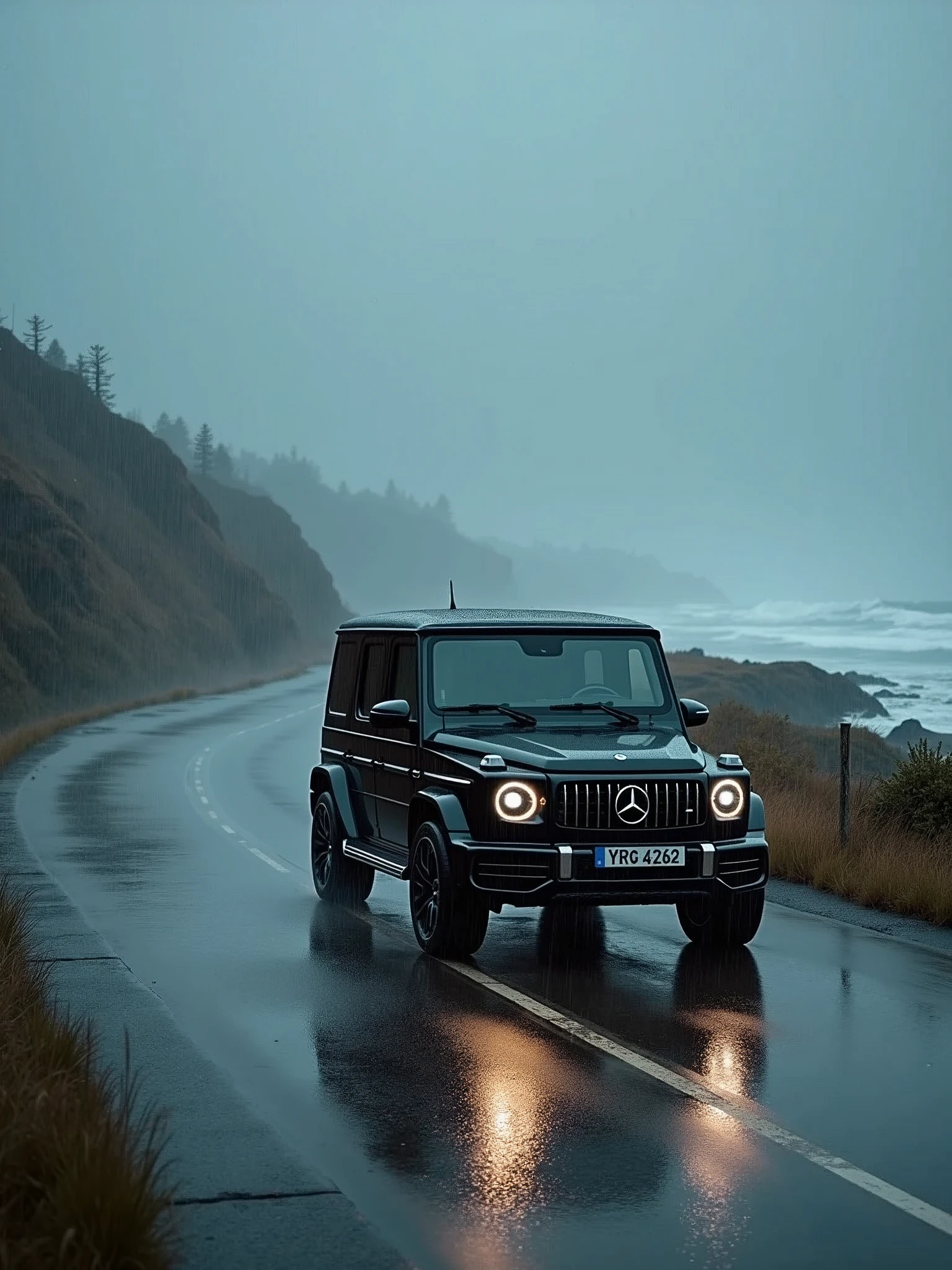 On the coastline caressed by rain, the Mercedes-Benz G500 is like a  traveler, slowly moving along the coastal road. Outside the car, the air echoed with the symphony of raindrops and waves. Inside the car, the driver fell into silence. The G500's stable performance and precise control allow drivers to stay confident and enjoy the wind and rain even on rainy nights. of baptism.