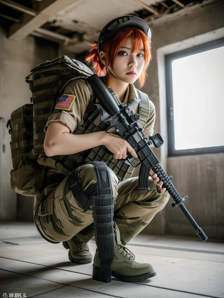 (masterpiece, ultra-detailed, ultra-realistic, best quality, clear focus, photorealistic), (ultra-high resolution, 8k:1.3), cinematic color-grading film, dramatic scenes, shadow, global-illumination, perfect anatomy, perfect face, (detailed face, detailed eye:1.3), (Japanese punk rock girl:1.2), (red hair:1.3), (experienced soldier:1.2), professional light, (boyish cool Japanese face:1.3), (Fully equipped for battle:1.3), (holding m4a1 large assault rifle:1.4), (long barrel rifle:1.3), (Strong willed expression:1.2), (afraid:1.3), (wearing a very cute punk rock styled soldier's outfits made of leather with military helmet:1.2), slim waist, (at a battle field of Abandoned Building at night), flash light, (explosion:1.4), very large breasts, tactical vest, military harness, (squatting), (long boots:1.3), face focus