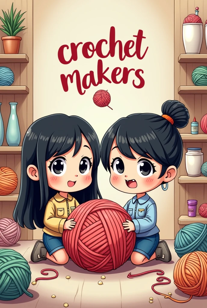 Chibi drawing of a crochet business featuring a chubby black-haired teenage girl with a bridge piercing and a skinny teenager with a low fade hairstyle in anime style, with a giant ball of yarn in the center for a custom logo with a title "crochet makers"

