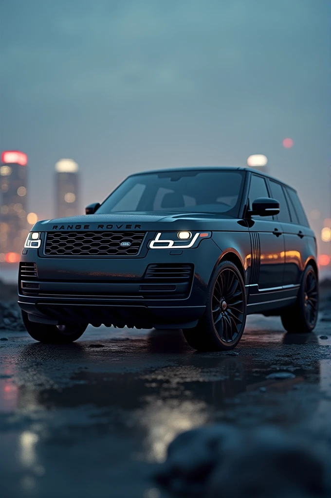A Range Rover vehicle positioned to the left of the image, with the right side slightly floating. The image background, featuring a lit-up city, is blurred or lacks detail to highlight the Range Rover.