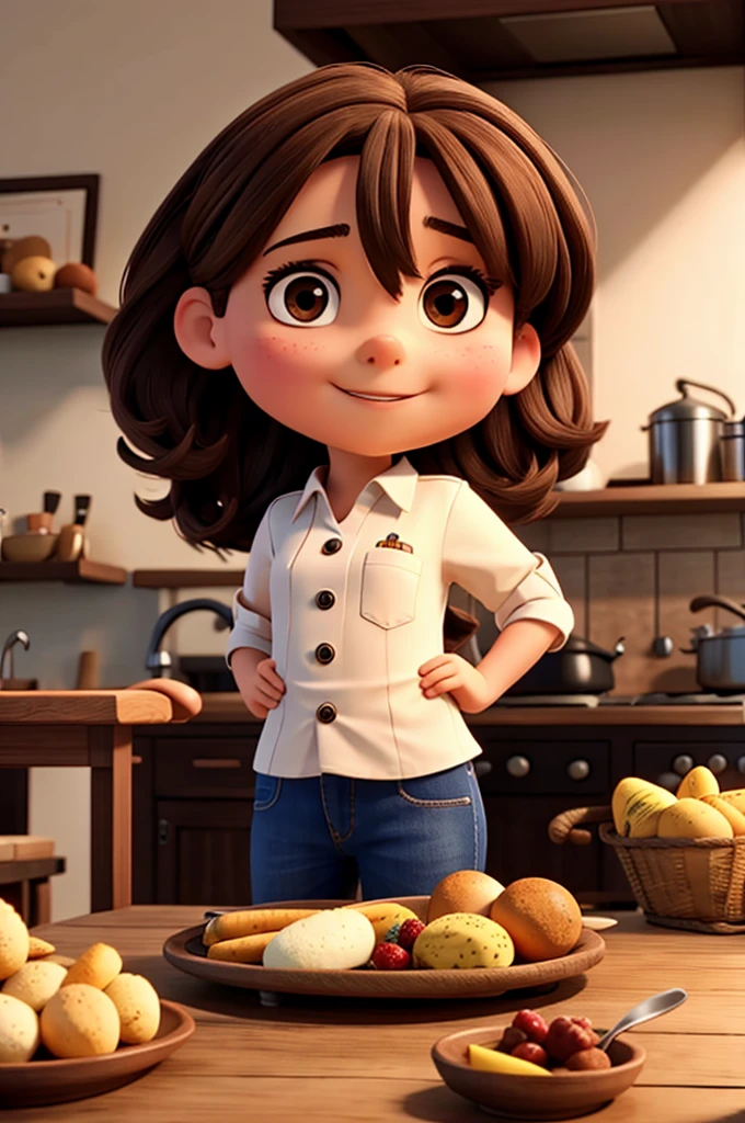 Mid-size girl with long dark brown hair, Round face, slightly slanted eyes wearing chef's clothing holding a tray with coxinha