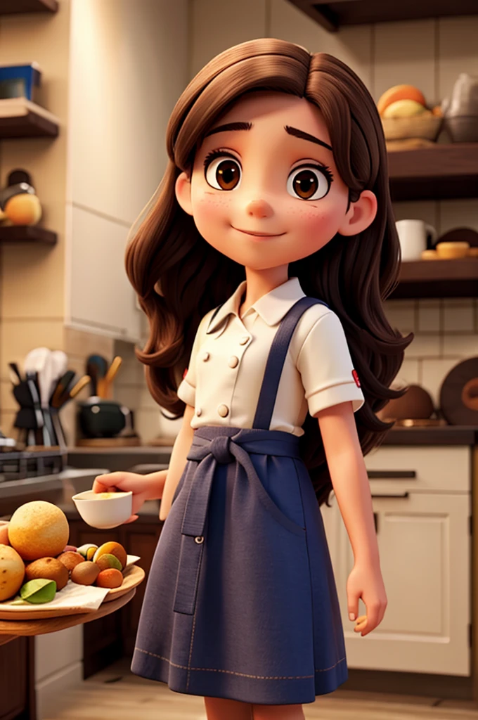 Mid- girl with long dark brown hair, Round face, slightly slanted eyes wearing chef's clothing holding a tray with coxinha