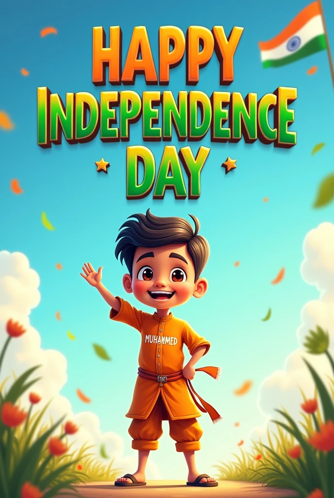 A real 14-year-old boy joyfully celebrates Indian Independence Day. He is wearing traditional Indian outfits with the name "MUHAMMED" written on his attire. Above him, in the sky, the words "Happy Independence Day" are displayed in a bold , enhancing the festive and patriotic spirit of the day.fancy fonts cartoon picture