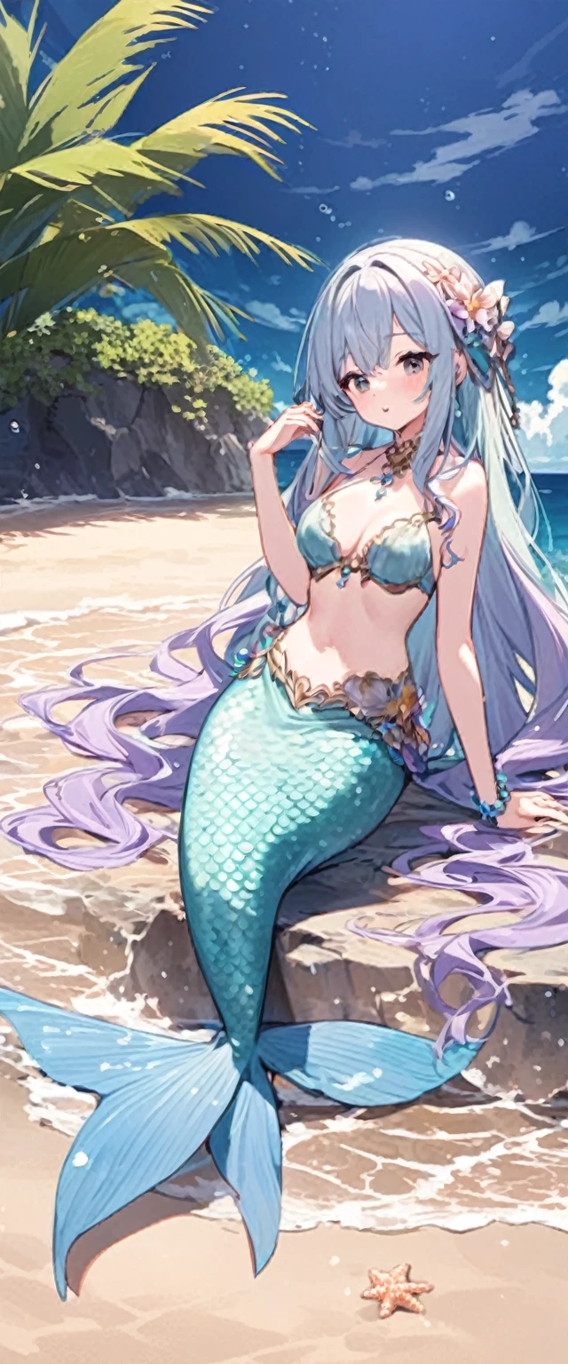 ((Best quality, 8k, Masterpiece: 1.3)), Slim abdomen, dark blue hair, hair behind ear, long hair, big hair, wet hair, star hair ornament, upturned eyes, pointy ears, light smile, ((mermaid)), in the sea, swimming, beautiful face, best quality, shiny skin, detailed skin, ((detailed face, detailed eyes))