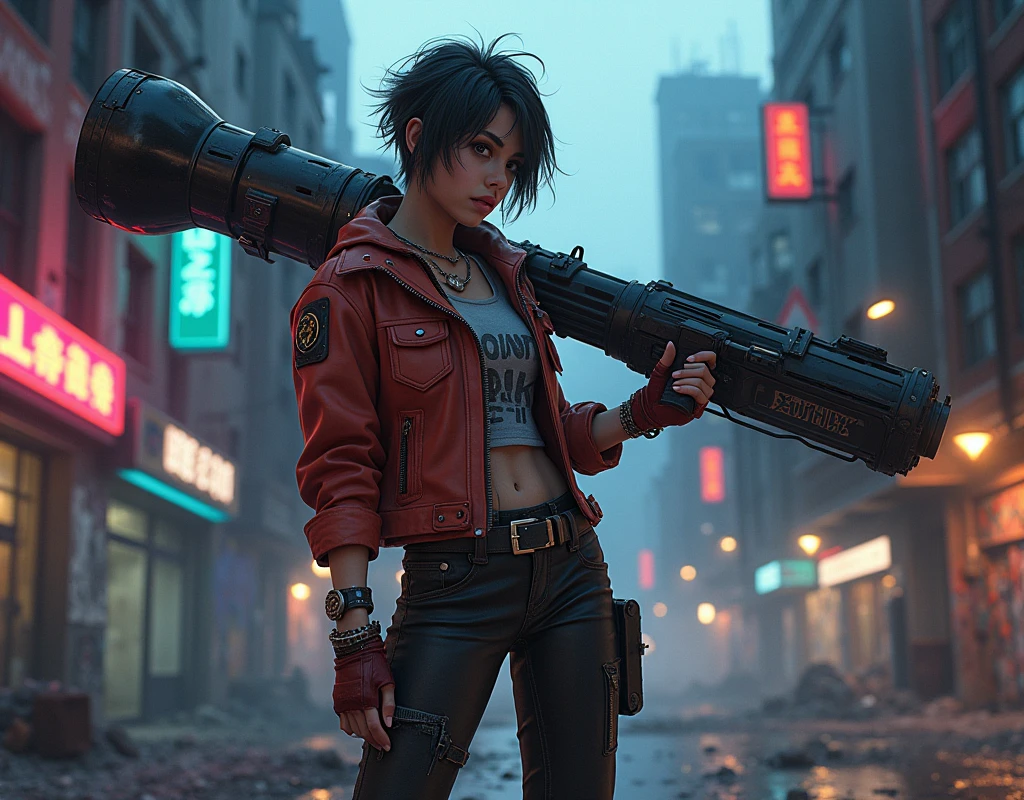 A cool, confident girl with a rebellious attitude, standing in an urban, post-apocalyptic environment. She has short, messy hair, a fierce expression, and is casually shouldering a gigantic, massively overiszed futuristic weapon. Her outfit is a mix of cyberpunk and street style, with neon accents, leather, and metallic details. The background is a gritty cityscape with crumbling buildings, graffiti-covered walls, and flickering neon signs. The sky is dark and ominous, with a few beams of light cutting through the clouds. The atmosphere is tense, with a sense of impending action, and the scene is filled with small details like scattered debris, smoldering ruins, and distant city lights