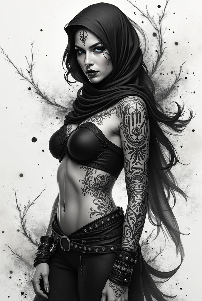 Female Muslim warrior, The art of tattooing, ink splash, swirl of ink, Arabic letter, art at its best, black, White & Grey